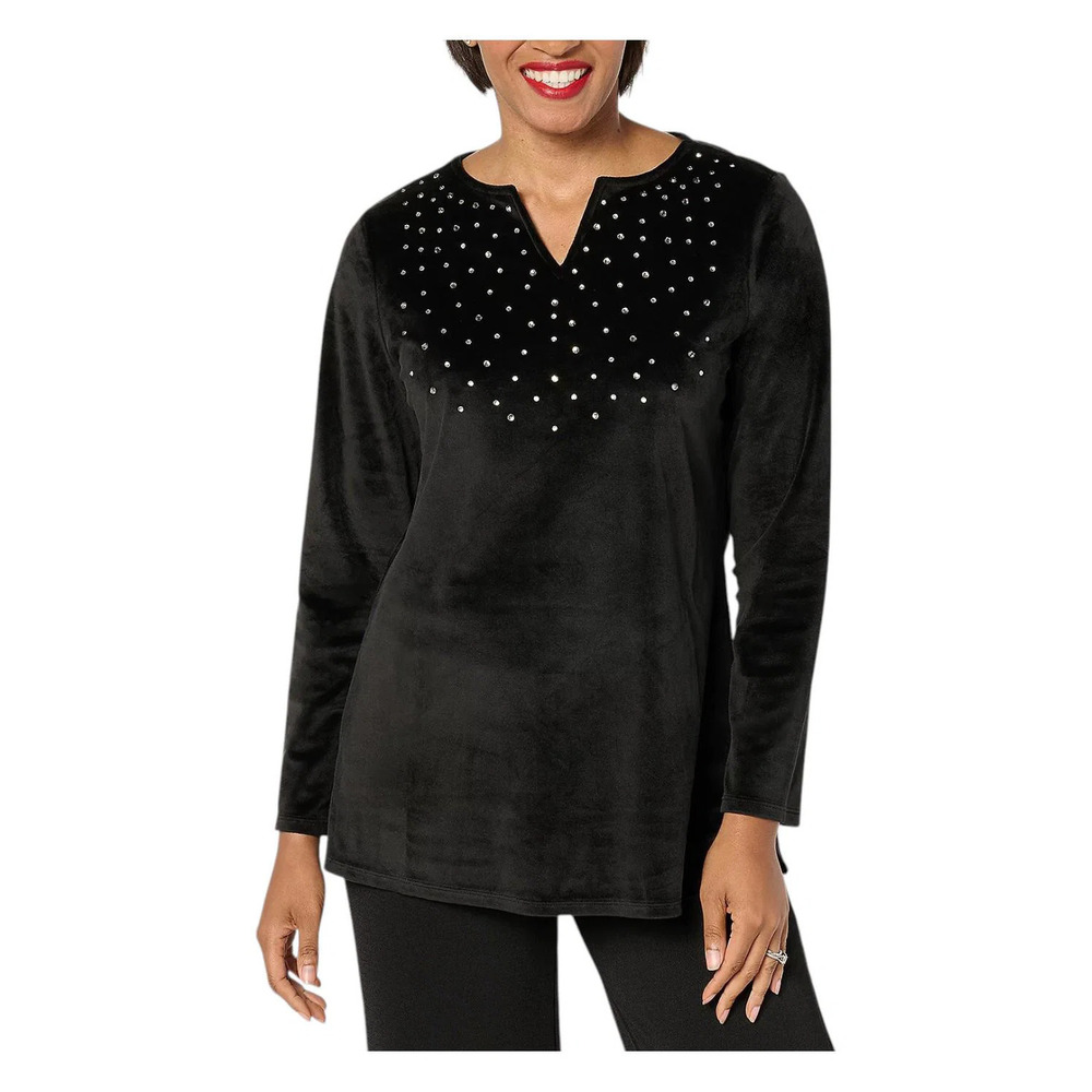 Quacker Factory Women's Sparkle&Shine SplitNeck Long Slv Top Black - Regular - Picture 1 of 1